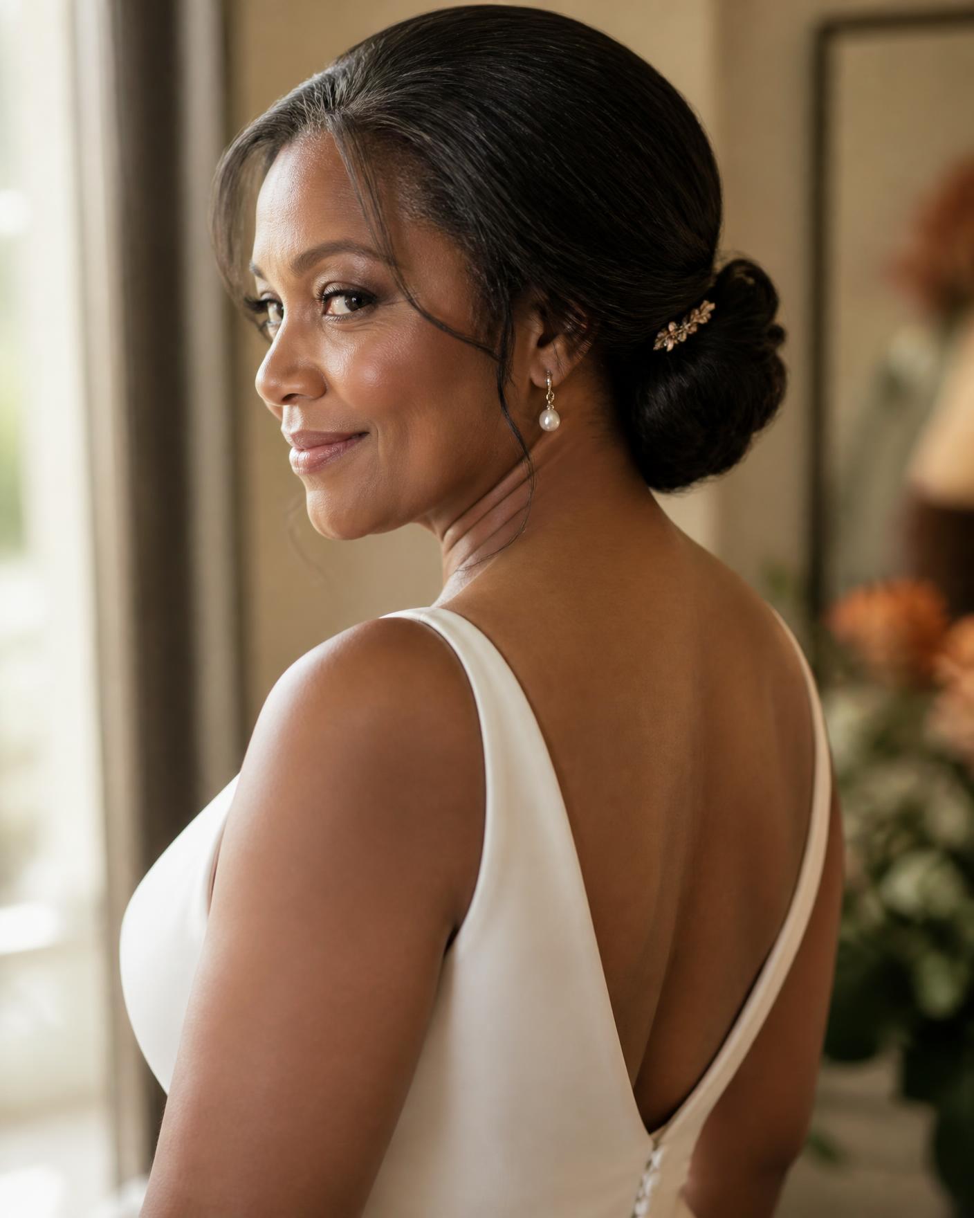 African American bride with a simple elegant low bridal updo styled on location