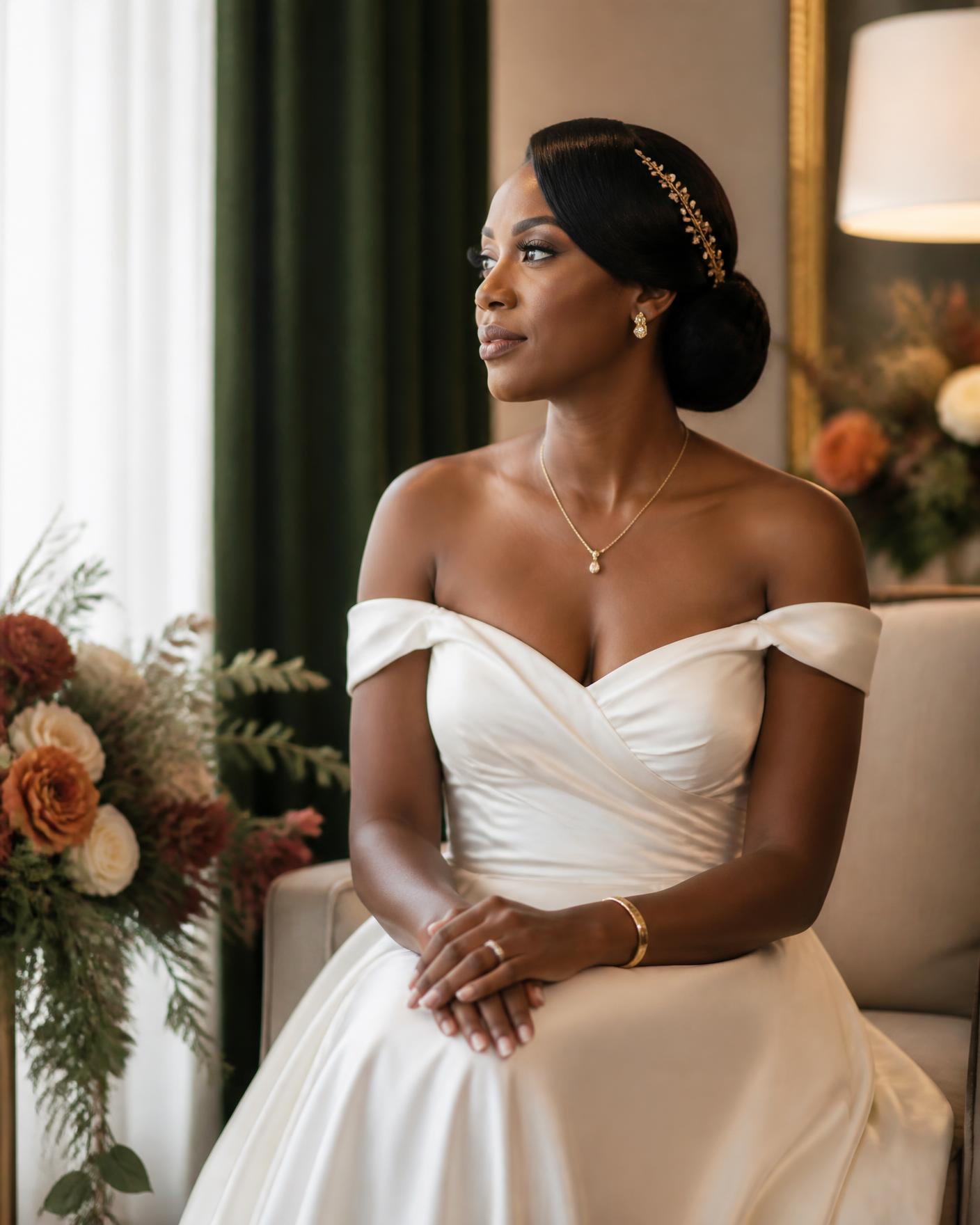Black bride with a smooth, polished bridal chignon and gold hair vine styled in her suite before a coastal Georgia wedding